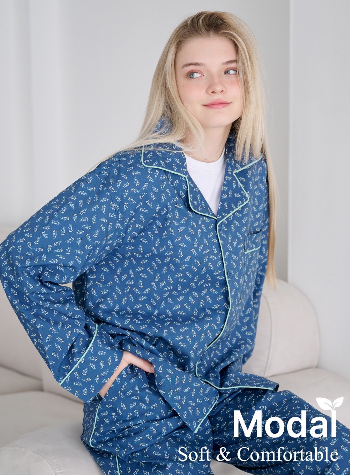 WV 블라썸 네이비 면모달원단 하이틴 성인 파자마 잠옷 셋업