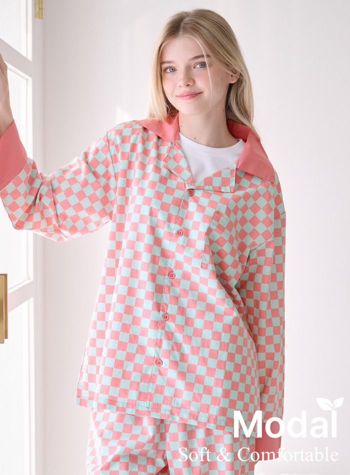 WV 체커보드 핑크 면모달원단 하이틴 성인 파자마 잠옷 셋업