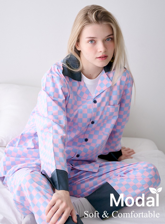 WV 체커보드 블루 면모달원단 하이틴 성인 파자마 잠옷 셋업